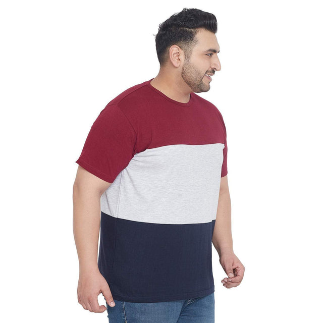Men's plus size colorblock t-shirt in maroon, grey, and navy, short sleeves