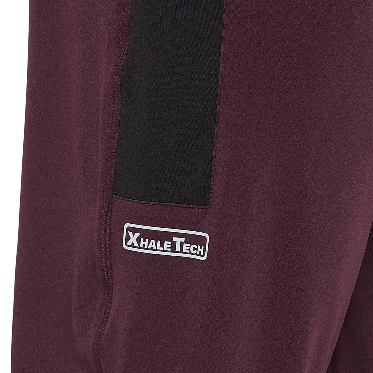 Close-up of maroon men's plus size joggers with black panel and XhaleTech logo