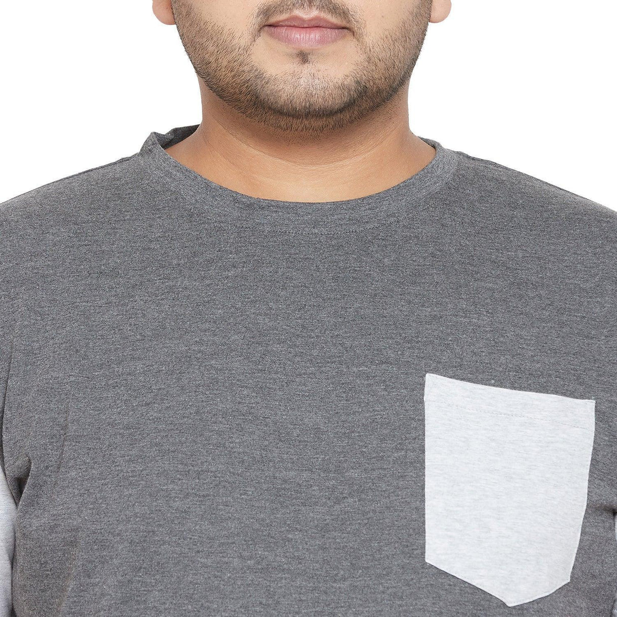 Plus size men's grey t-shirt with white pocket, crew neck, close-up view