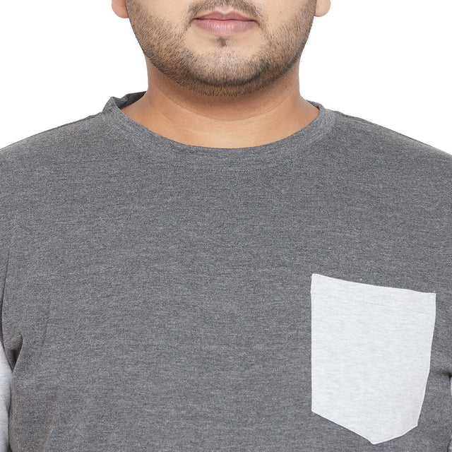 Plus size men's grey t-shirt with white pocket, crew neck, close-up view