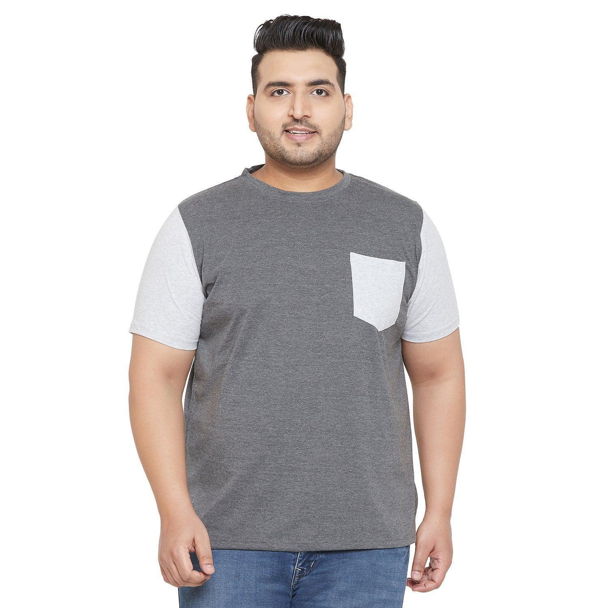 Plus size man wearing a grey and light grey short sleeve t-shirt with chest pocket