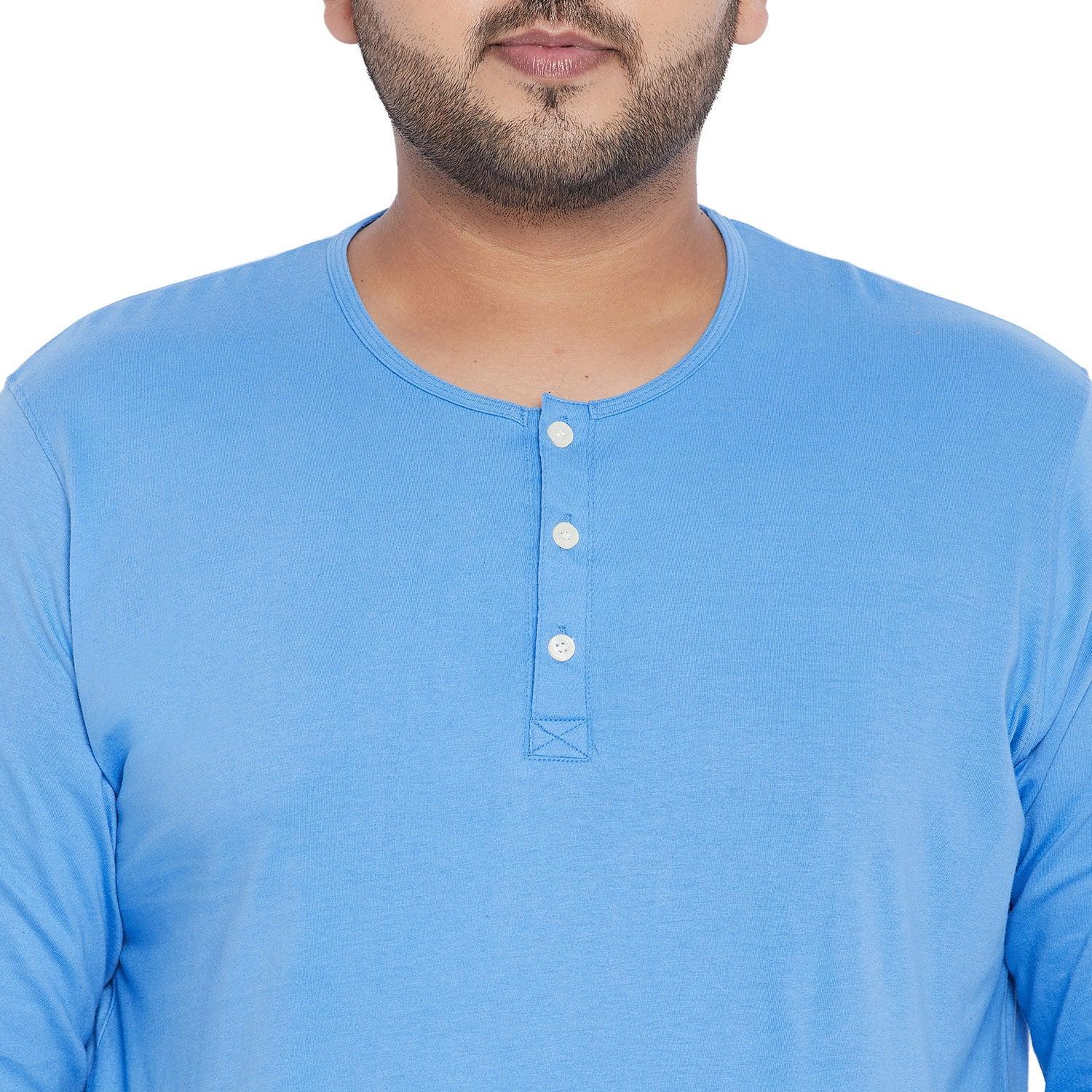 Men Plus Size Bloom Blue Solid Henley Tshirt - bigbanana
