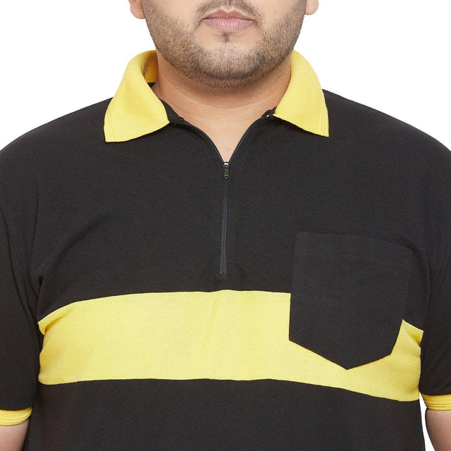 Men's plus size black polo shirt with yellow collar, chest stripe, and front pocket