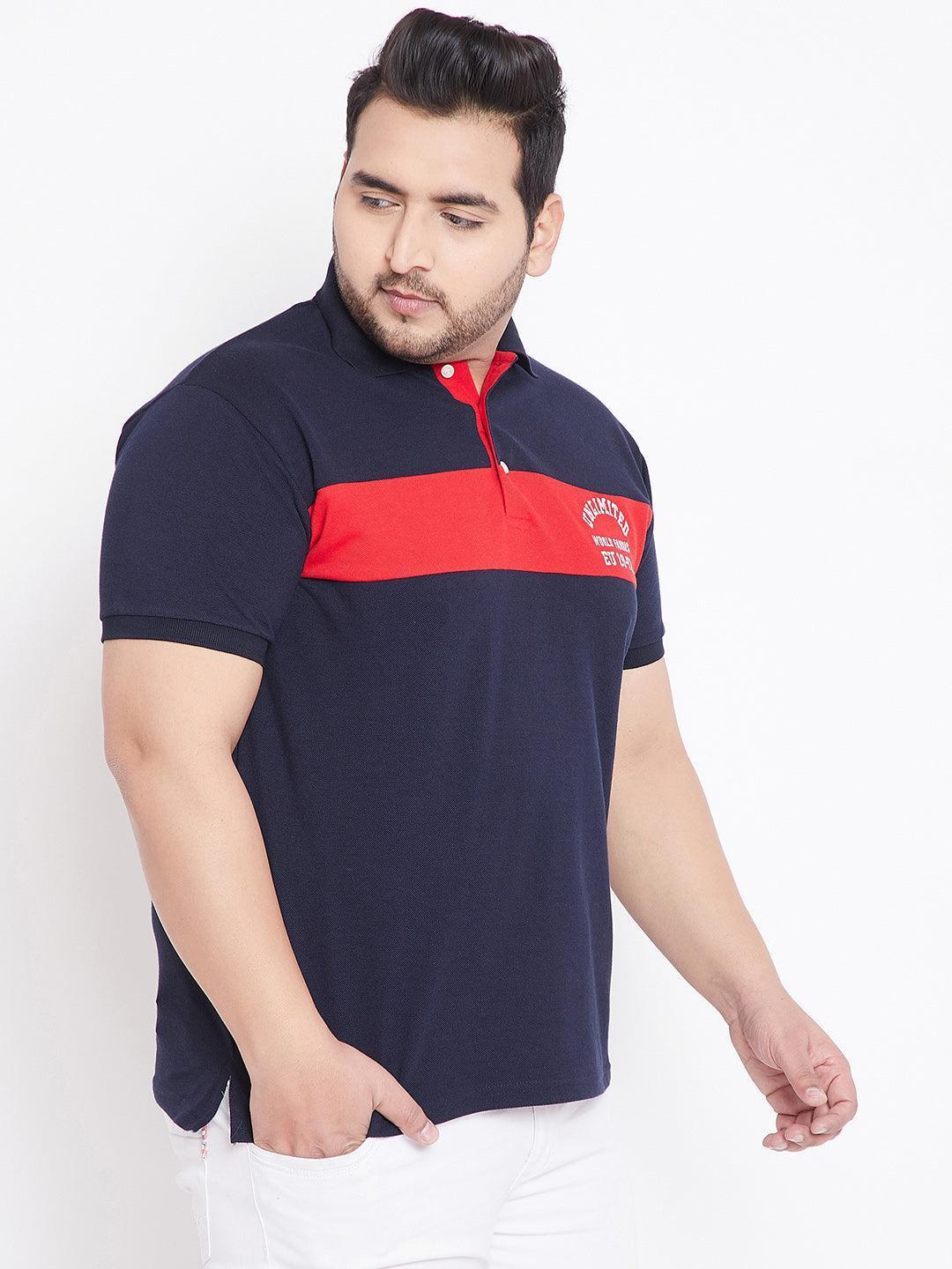 Plus size man in navy blue polo shirt with red stripe and white printed detail