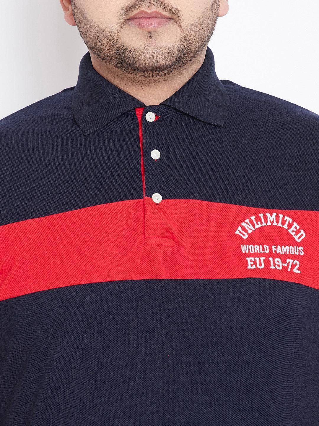 Men's plus size navy polo shirt with red chest stripe, white buttons, and text graphic detail.