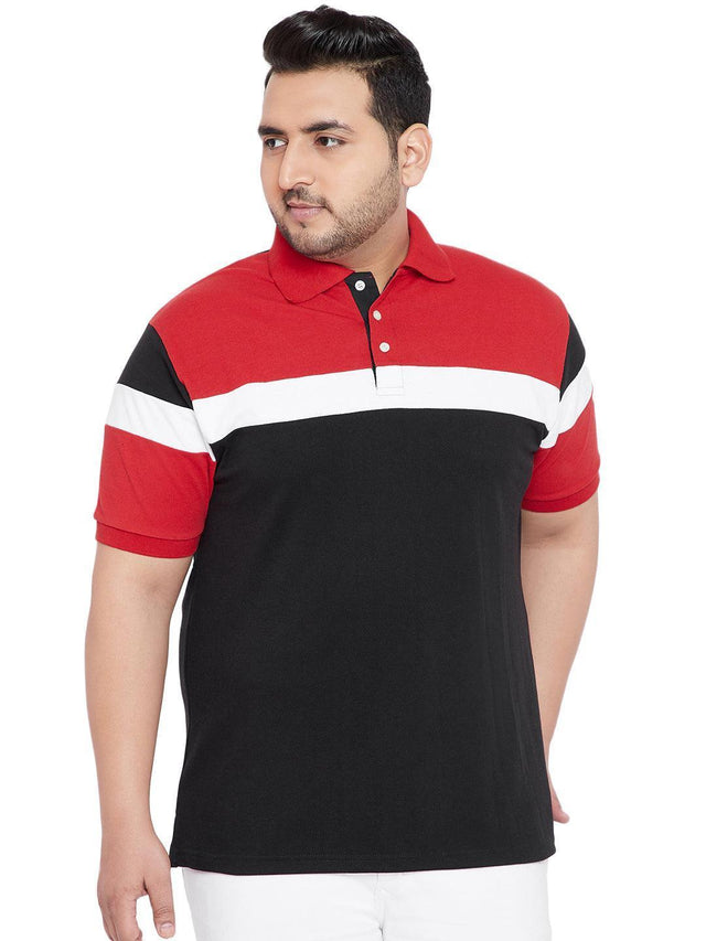 Plus size man in red, black, and white colorblock polo shirt, short sleeves, standing