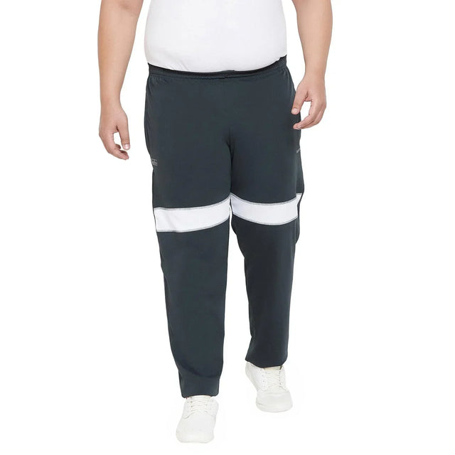 Plus size men's black joggers with white stripe detail, elastic waist, and relaxed fit