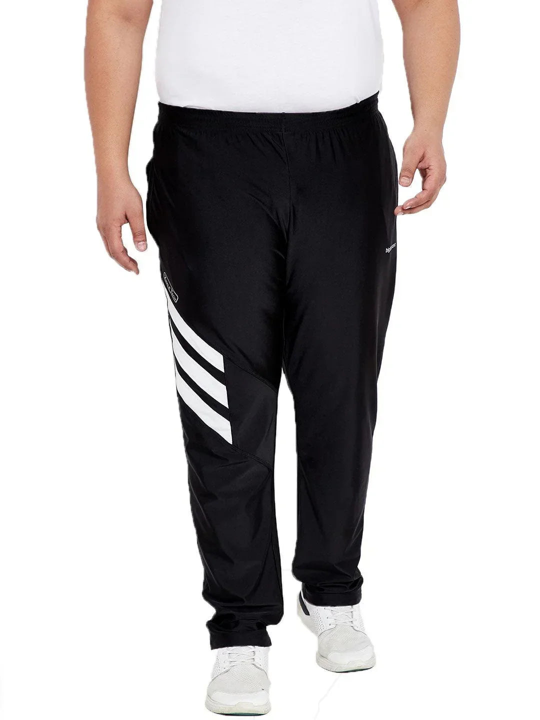 Plus size men's black joggers with white stripes, elastic waist, front view