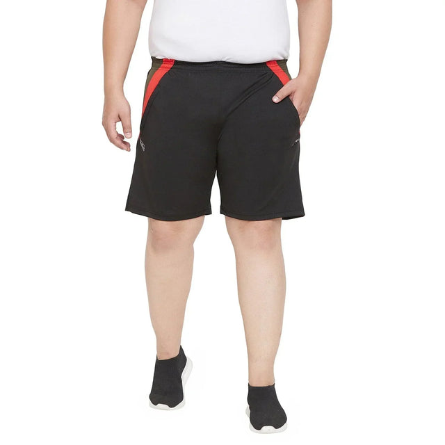 Plus size men's black sports shorts with red side accents, front pockets, and elastic waist