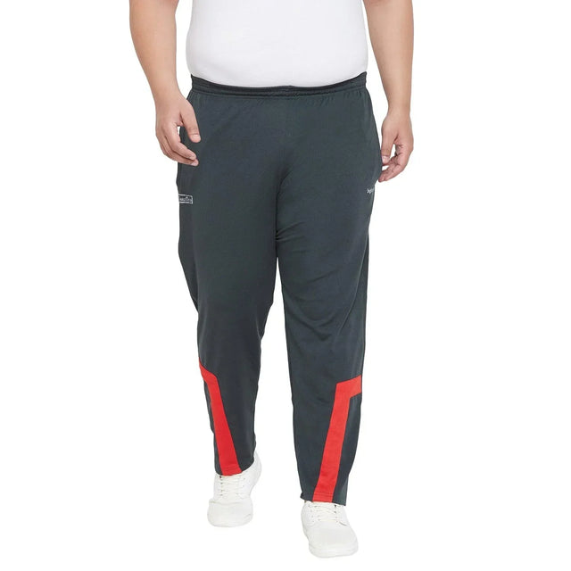 Plus size men's black joggers with red accents, elastic waistband, and sporty look