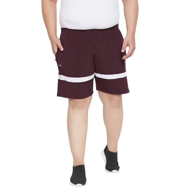 Plus size men's maroon shorts with white stripes, elastic waist, front pockets