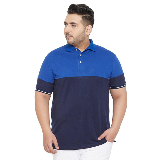 Plus size men's blue and navy colorblock polo t-shirt with short sleeves
