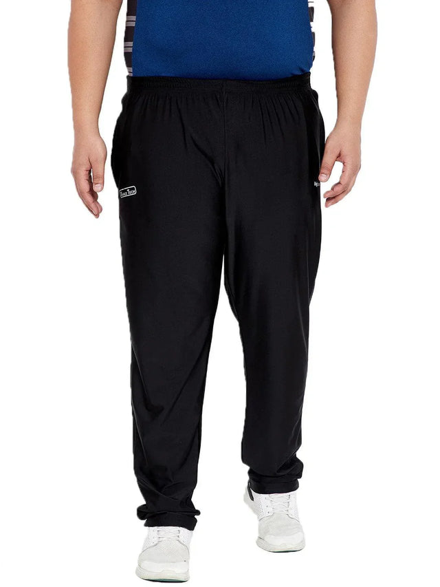 Plus size men's black joggers with elastic waistband and side pockets, front view