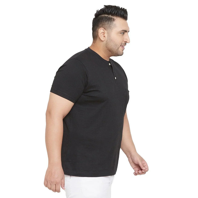 Plus size men’s black half-sleeve Henley T-shirt with chest pocket, side view