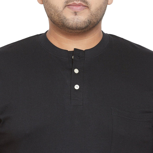 Men's plus size black Henley t-shirt with button placket and chest pocket close-up