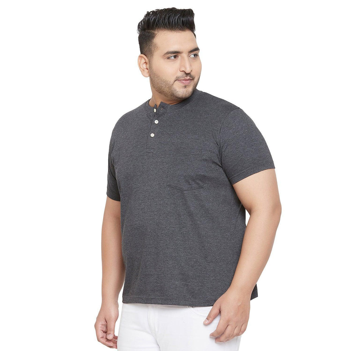 Plus size man wearing a grey short sleeve henley t-shirt with white buttons