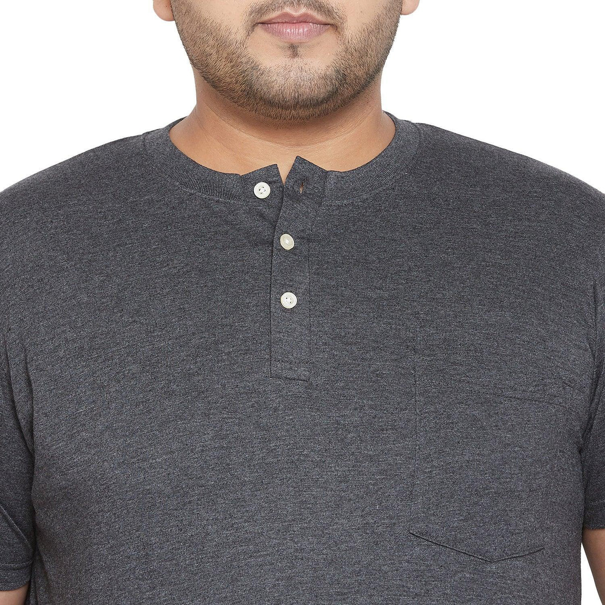 Men's plus size grey Henley t-shirt with short sleeves and chest pocket
