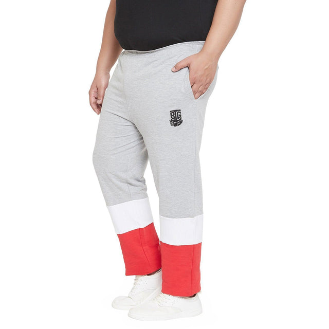 Men's plus size grey joggers with red and white color block panels and side pockets
