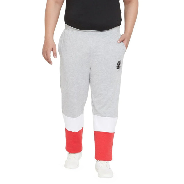 Men's plus size joggers in grey with red and white color block design, side pockets