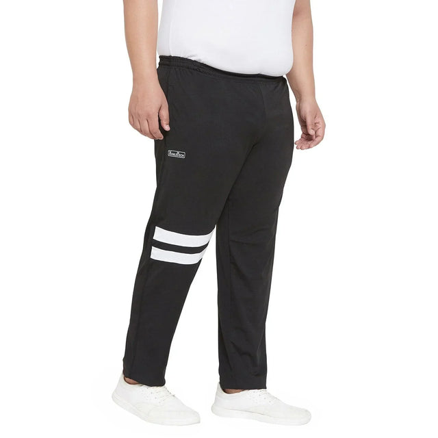 Plus size men's black joggers with white stripes and elastic waistband, casual fit