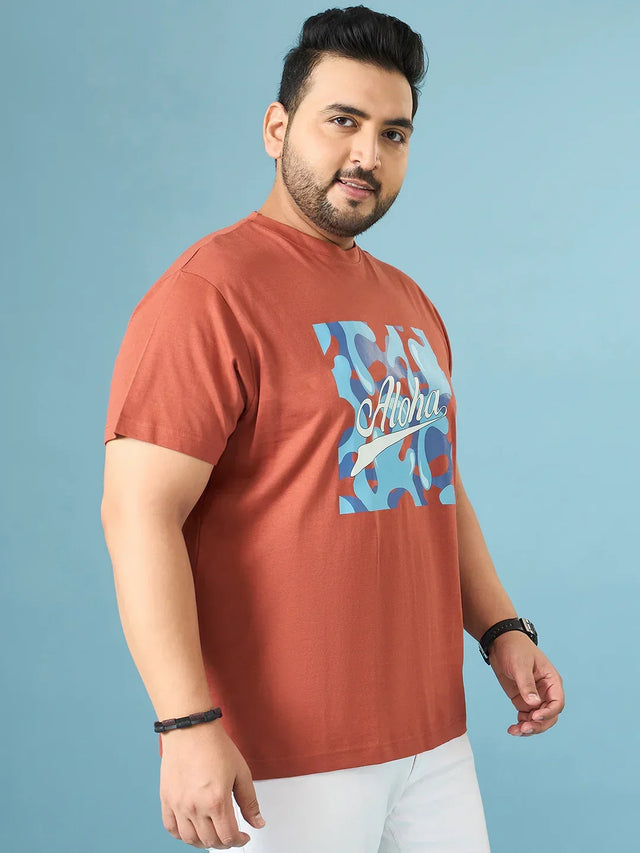 Men Plus Size Aloha Brown Printed Round Neck Tshirt