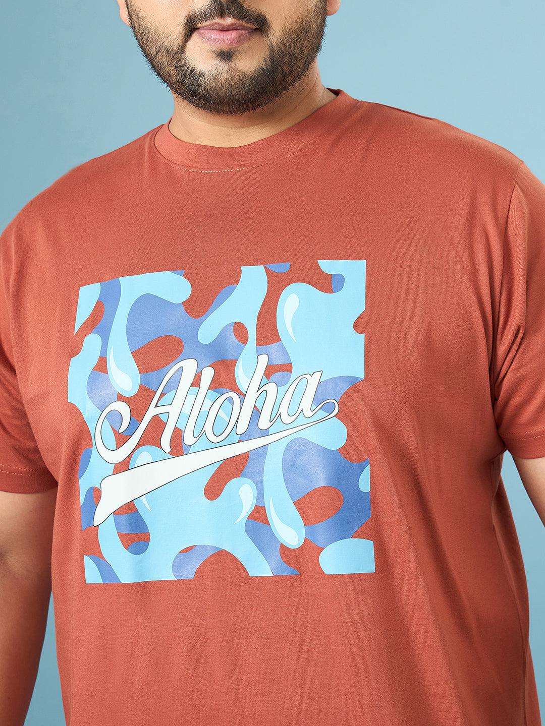 Men Plus Size Aloha Brown Printed Round Neck Tshirt