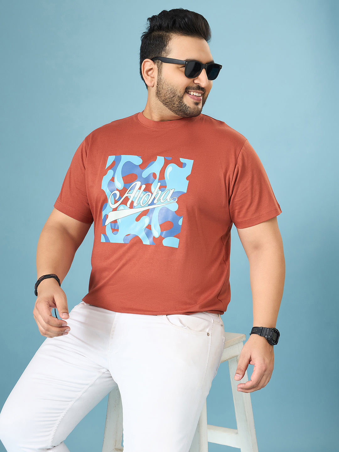 Men Plus Size Aloha Brown Printed Round Neck Tshirt