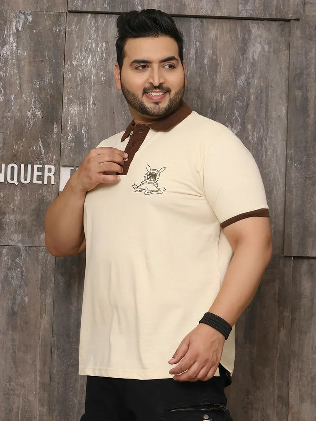 Men Plus Size Artsy Solid Beige Polo Tshirt - bigbanana