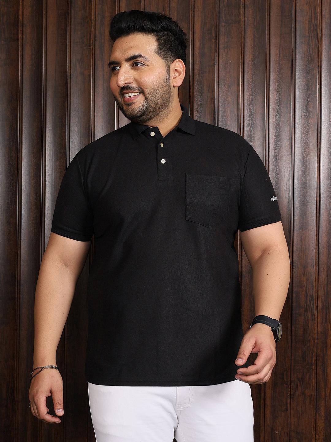 Men Plus Size Bibs-Black Solid Polo Tshirt - bigbanana