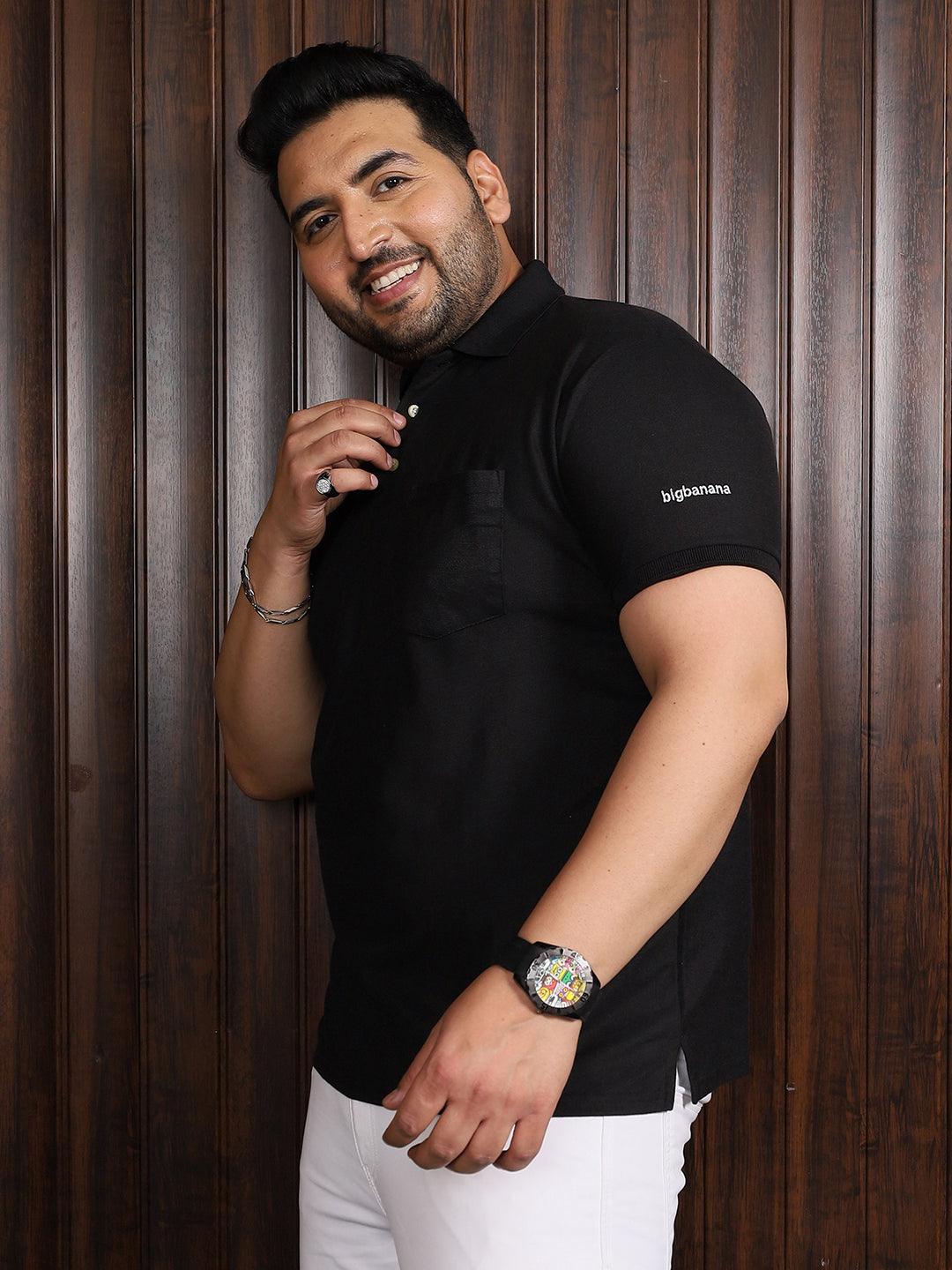 Men Plus Size Bibs-Black Solid Polo Tshirt - bigbanana