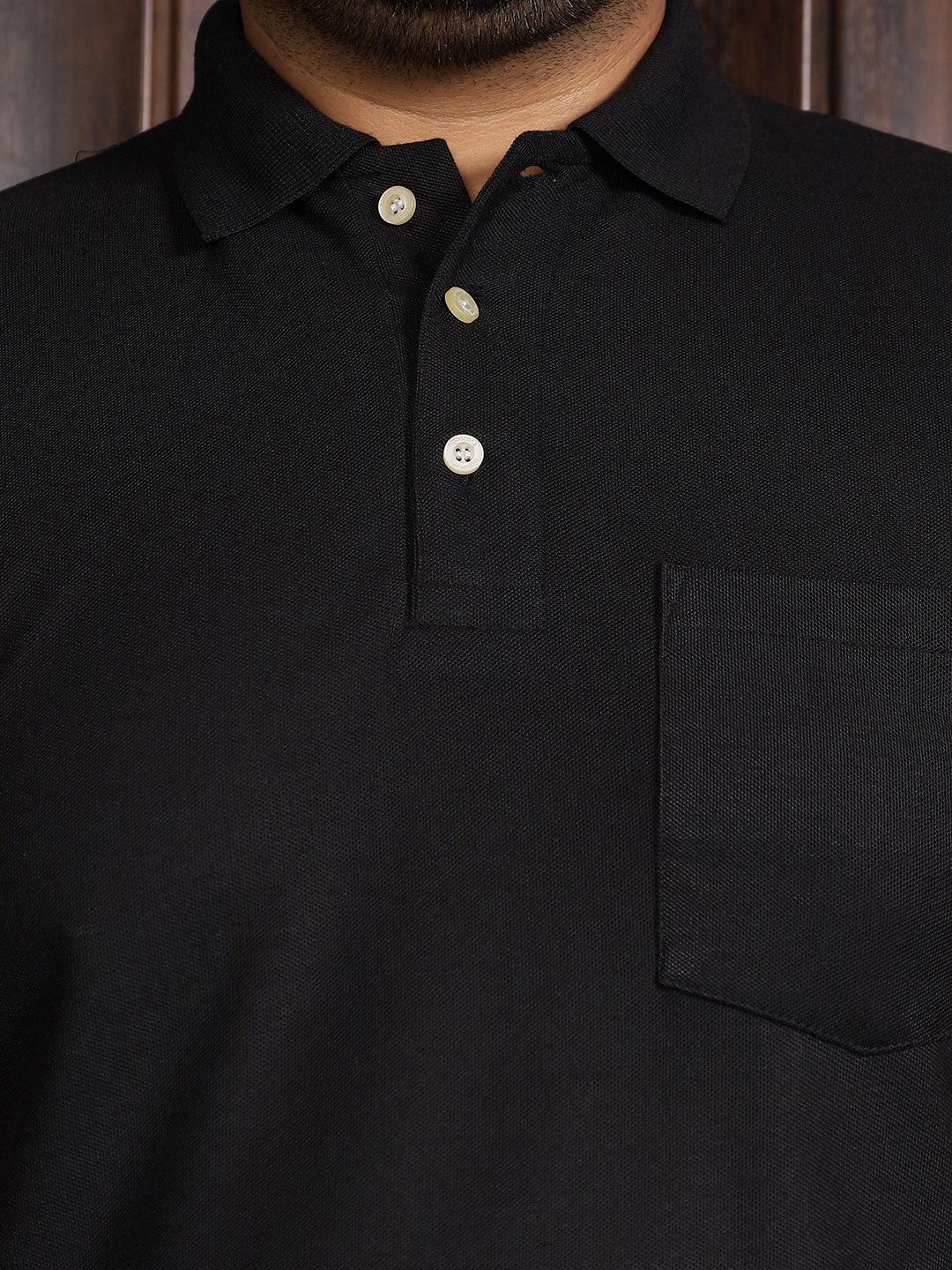 Men Plus Size Bibs-Black Solid Polo Tshirt - bigbanana