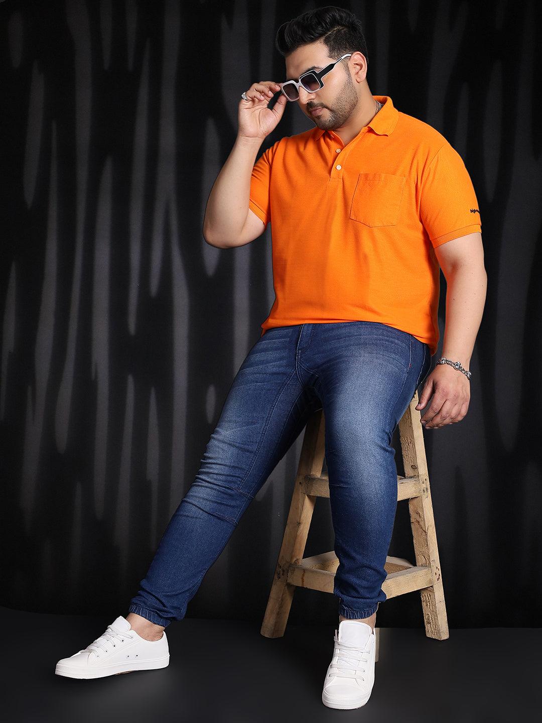 Men Plus Size Bibs-Orange Solid Polo Tshirt - bigbanana