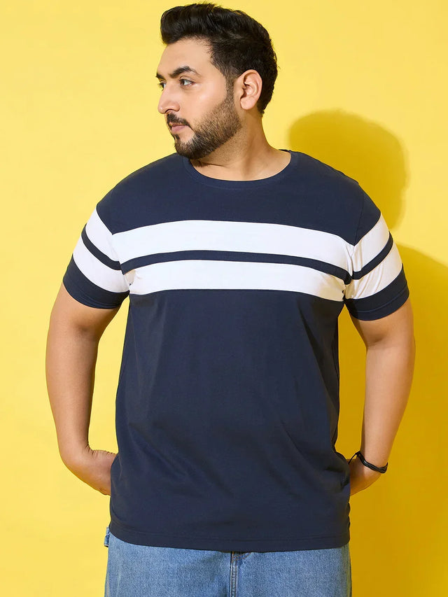 Men Plus Size Bridge Navy Colorblock Round Neck Tshirt
