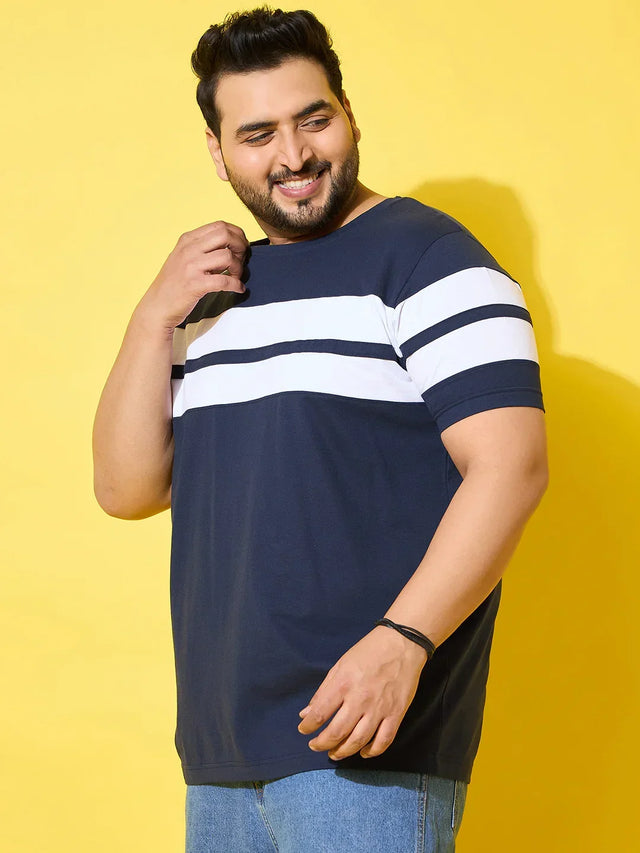 Men Plus Size Bridge Navy Colorblock Round Neck Tshirt
