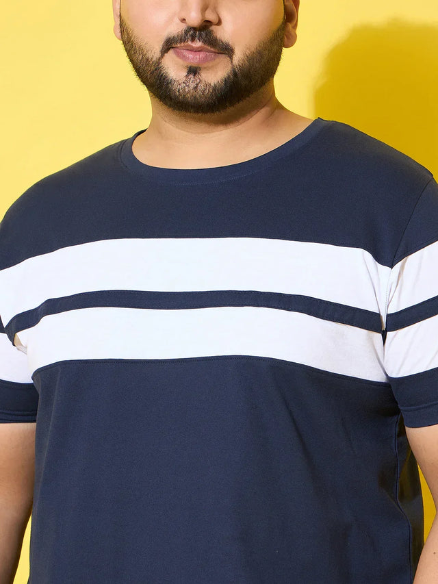 Men Plus Size Bridge Navy Colorblock Round Neck Tshirt