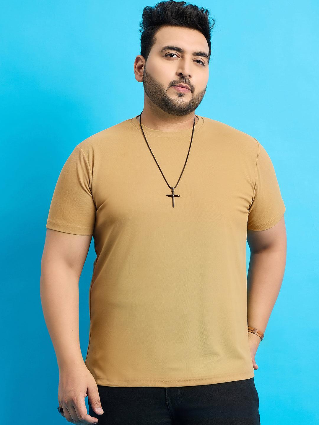 Men Plus Size Broshi-Beige Solid Round Neck Tshirt - bigbanana