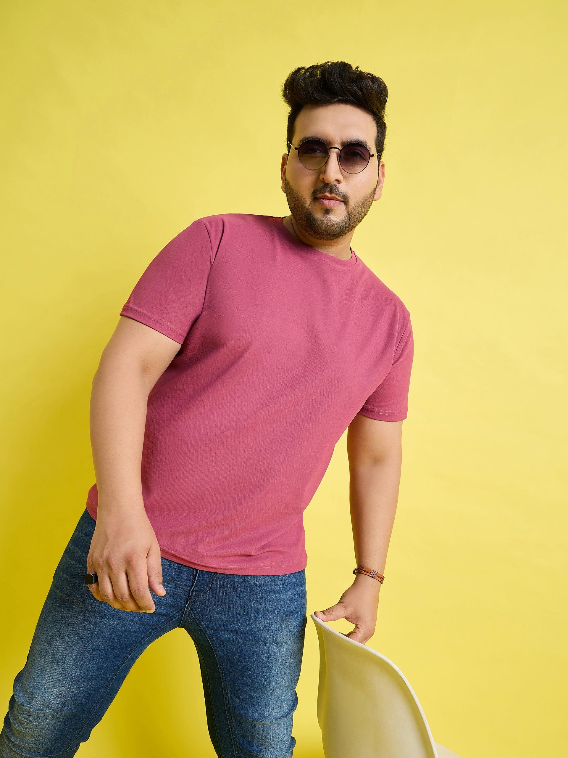 Men Plus Size Broshi-Pink Solid Round Neck Tshirt - bigbanana