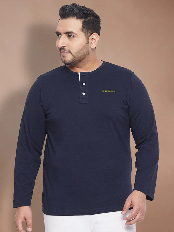 Men Plus Size But-Navy Solid Henley Tshirt