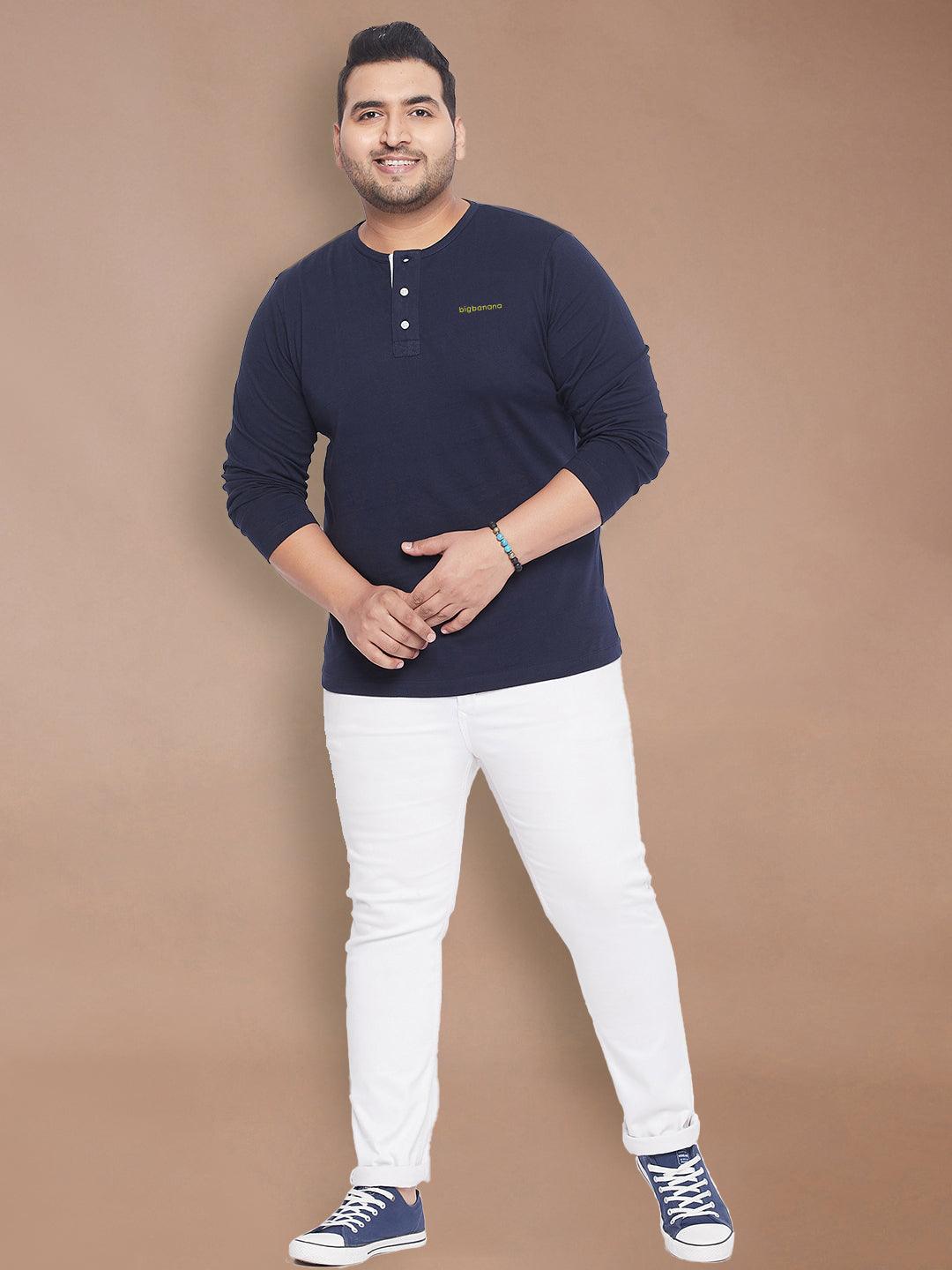 Men Plus Size But-Navy Solid Henley Tshirt - bigbanana