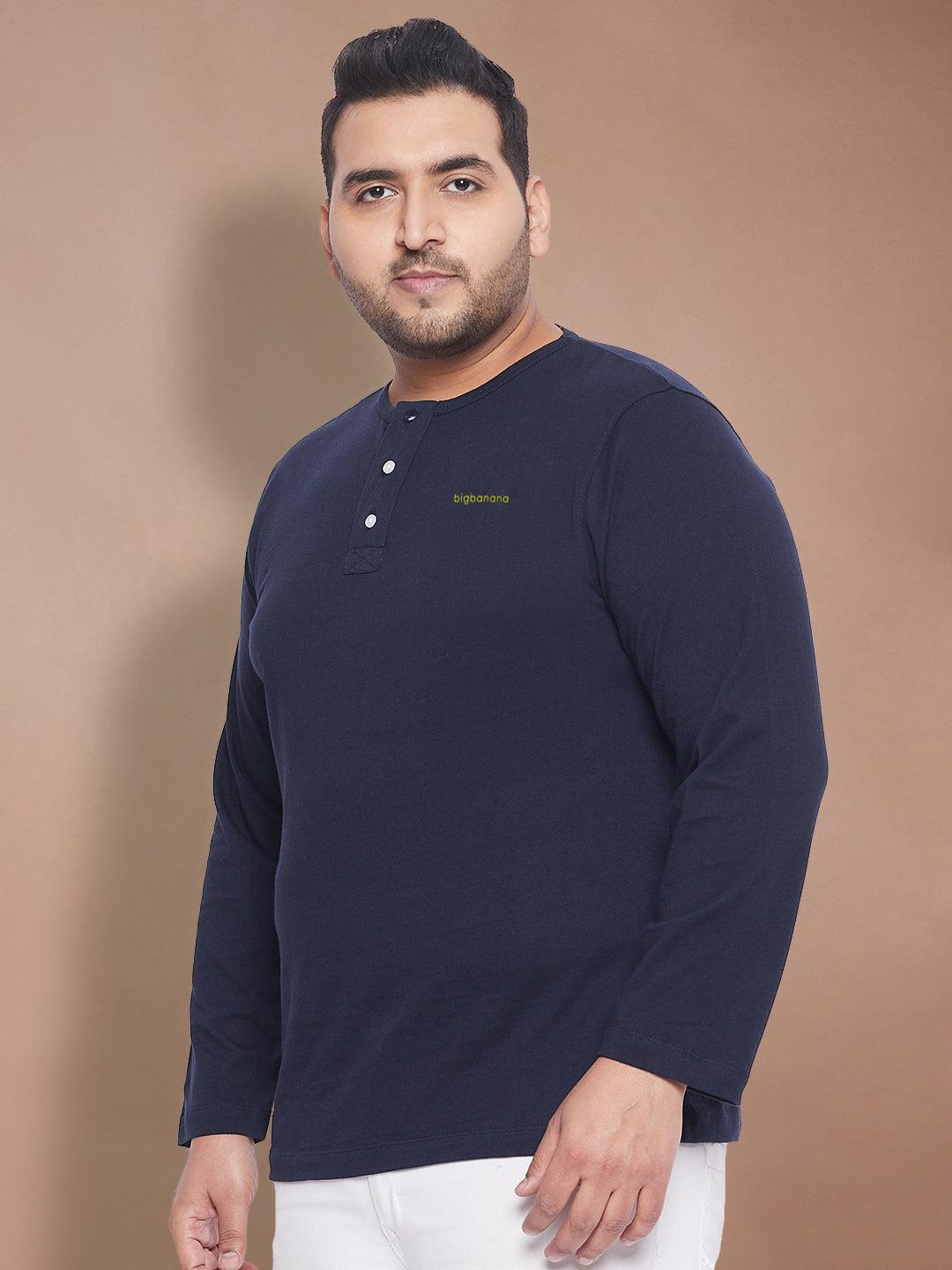 Men Plus Size But-Navy Solid Henley Tshirt - bigbanana