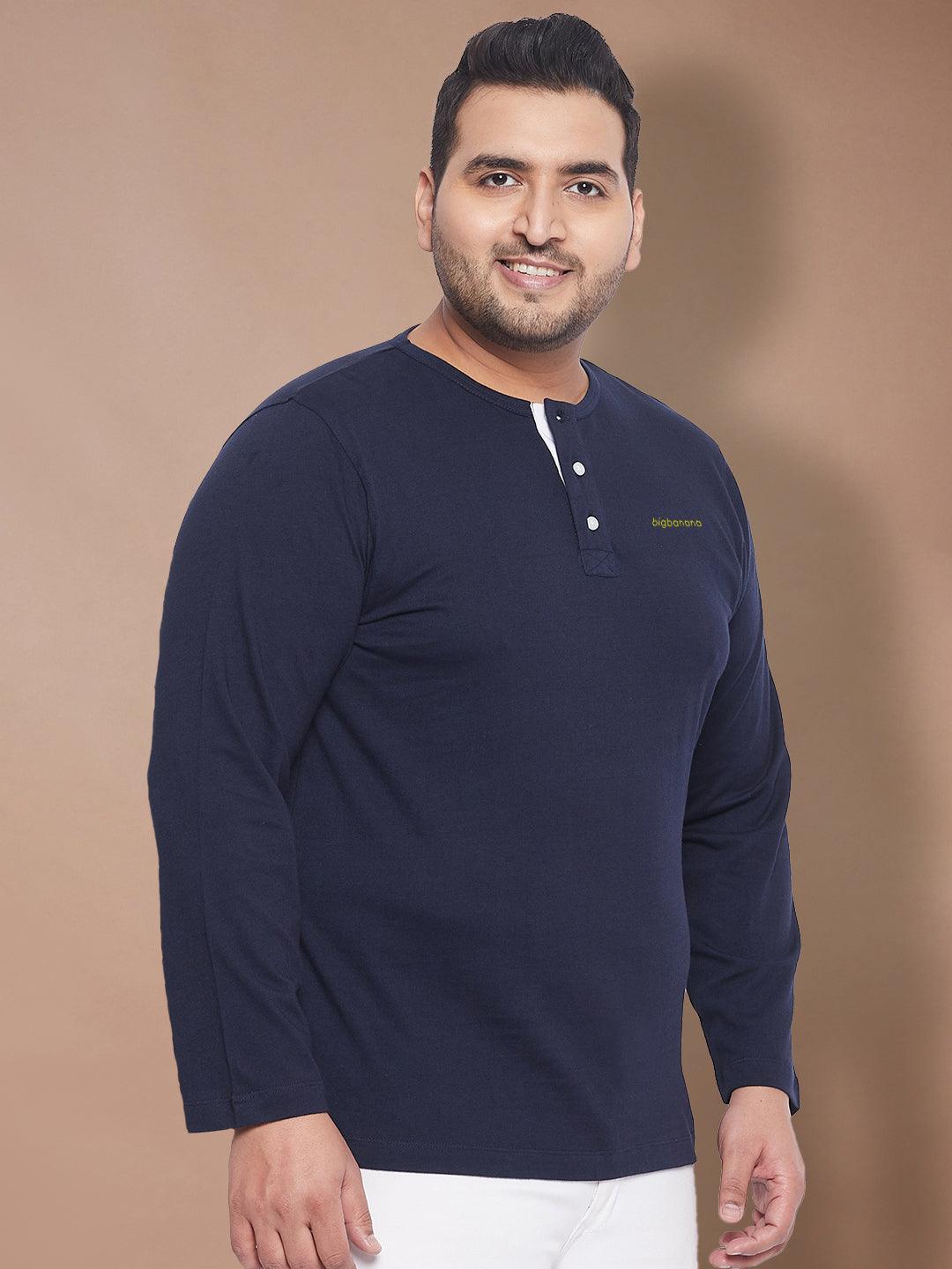 Men Plus Size But-Navy Solid Henley Tshirt - bigbanana