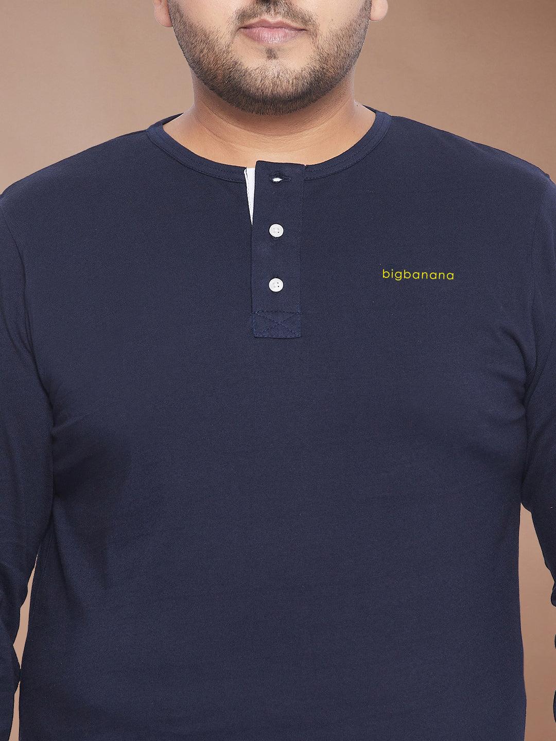 Men Plus Size But-Navy Solid Henley Tshirt - bigbanana