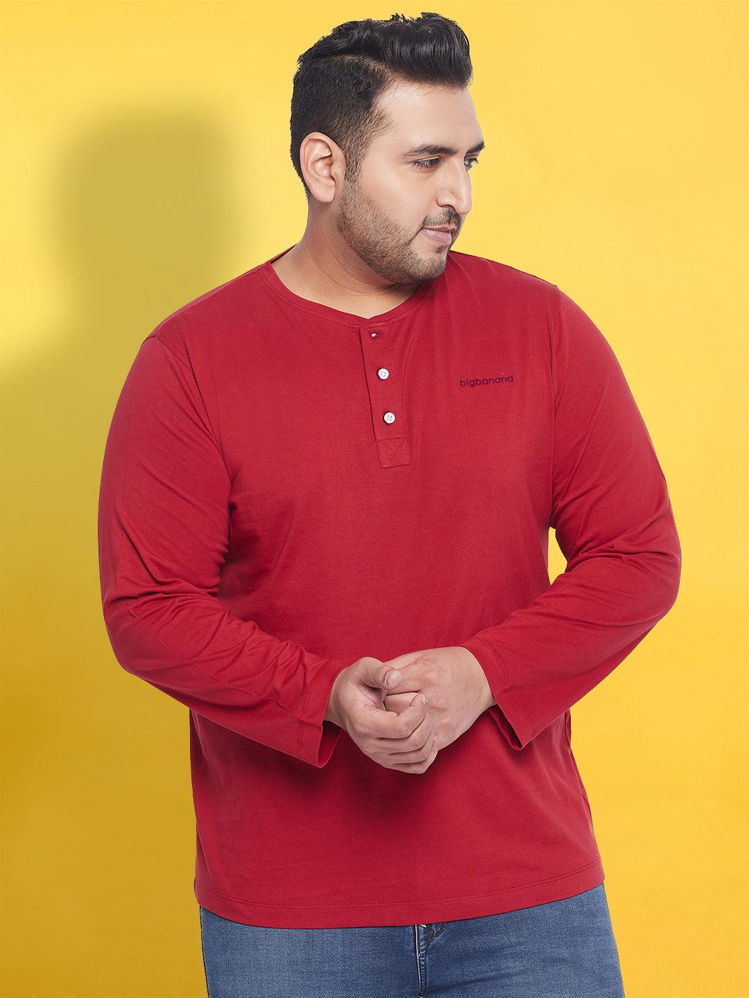 Men Plus Size But-Red Solid Henley Tshirt - bigbanana