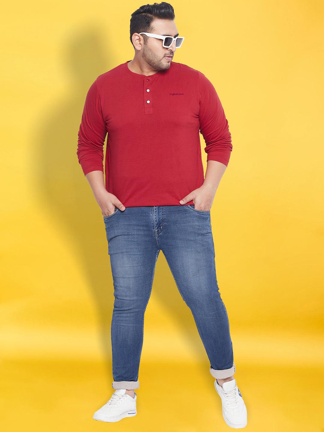 Men Plus Size But-Red Solid Henley Tshirt - bigbanana