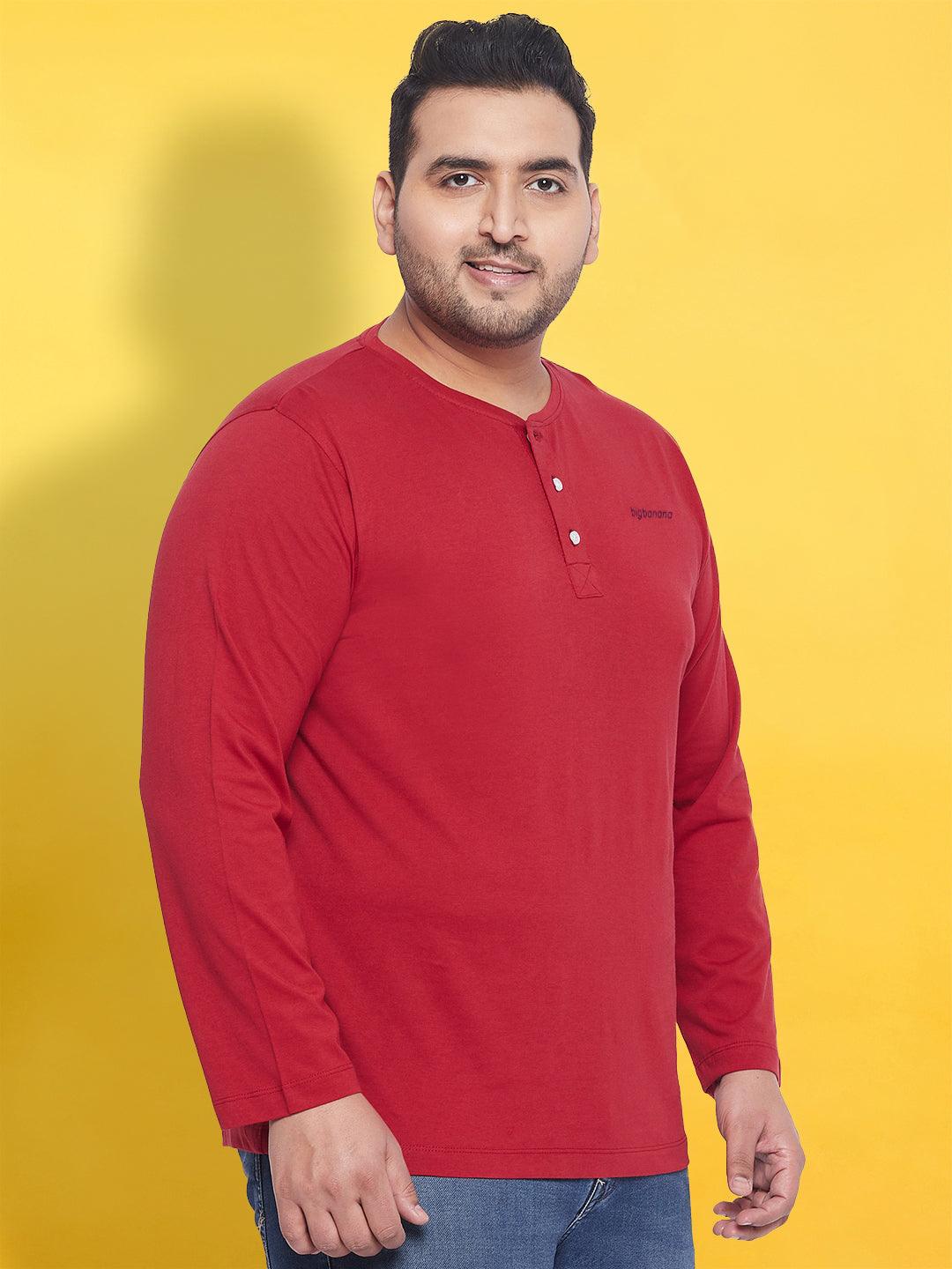 Men Plus Size But-Red Solid Henley Tshirt - bigbanana