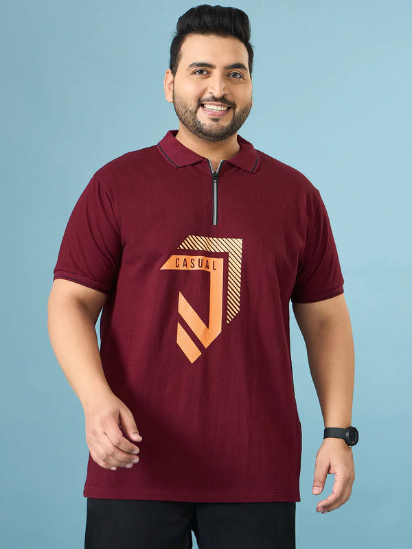 Men Plus Size Cajual Maroon Printed Polo Tshirt