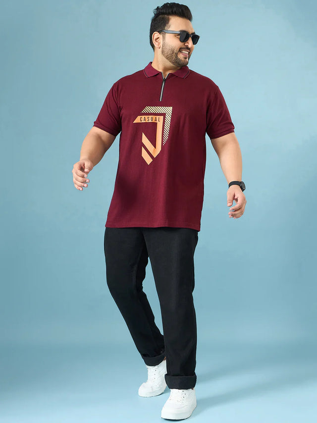 Men Plus Size Cajual Maroon Printed Polo Tshirt