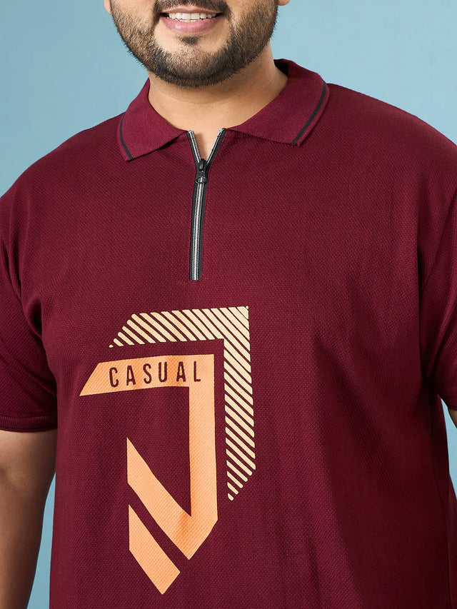 Men Plus Size Cajual Maroon Printed Polo Tshirt