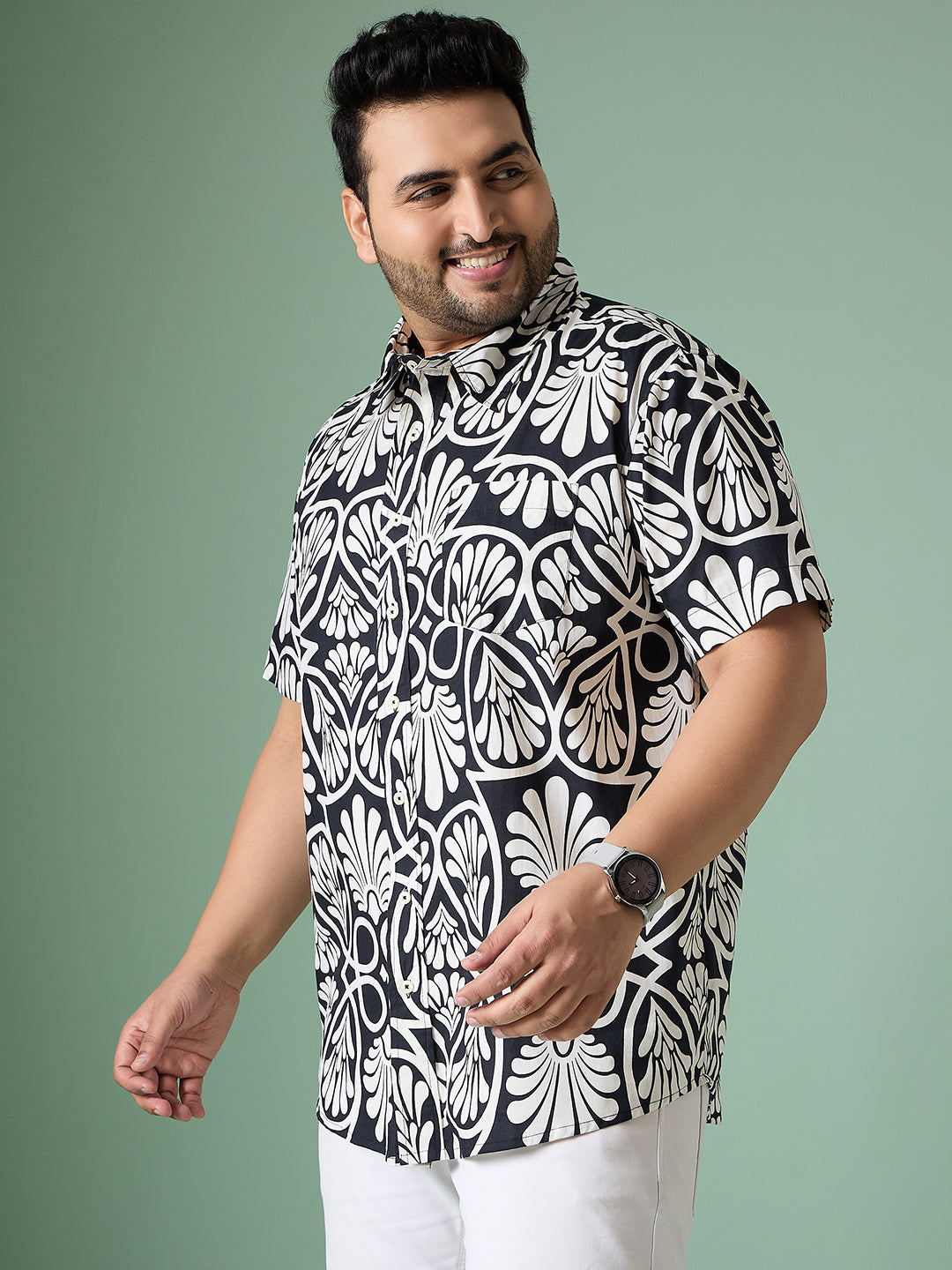 Men Plus Size Cirel-White Print Shirt - bigbanana