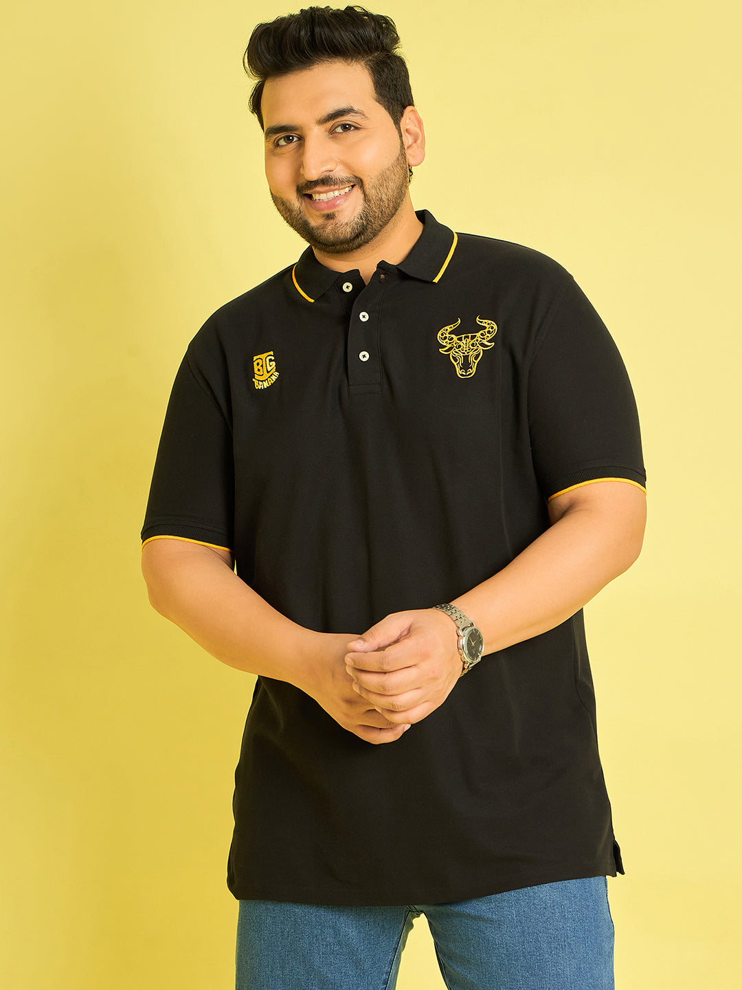 Men Plus Size Colonia-Black Solid Polo Tshirt - bigbanana